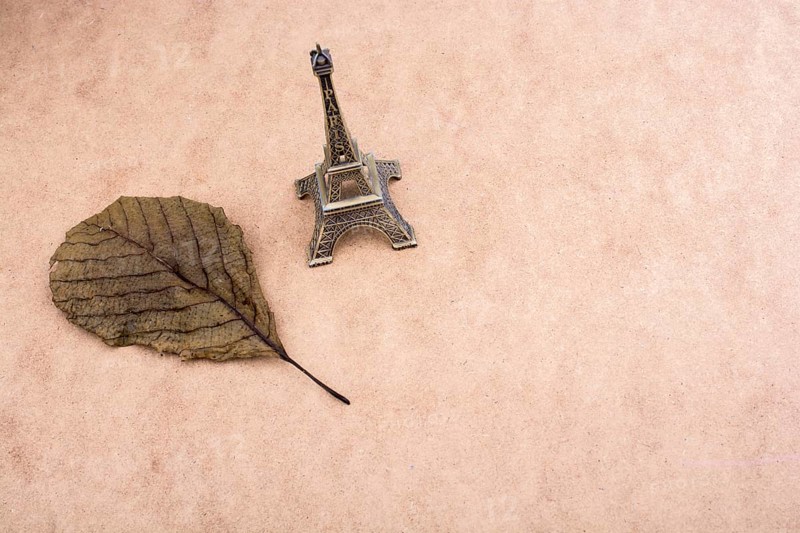 Little model Eiffel Tower and a dry leaf on brown background