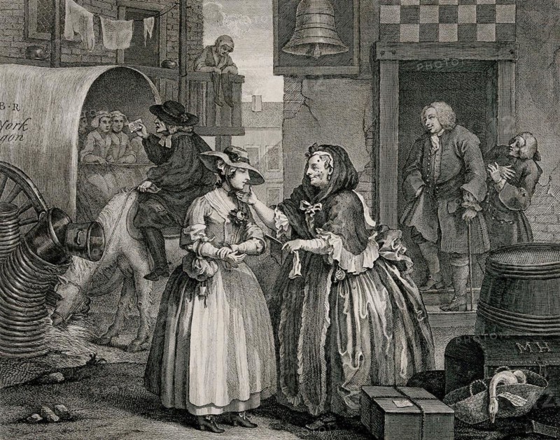 Moll Hackabout is greeted by the brothel landlady Mother Needham. The scene takes place in the courtyard of the Bell Inn