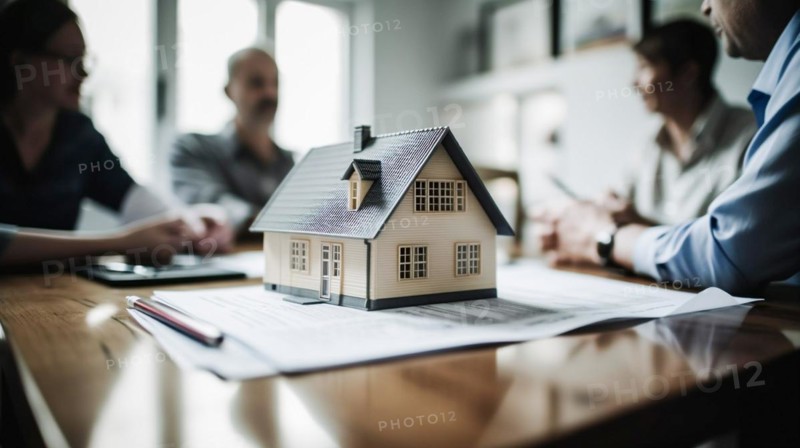 Small model house resting on real estate documents as buyers discuss their agreement