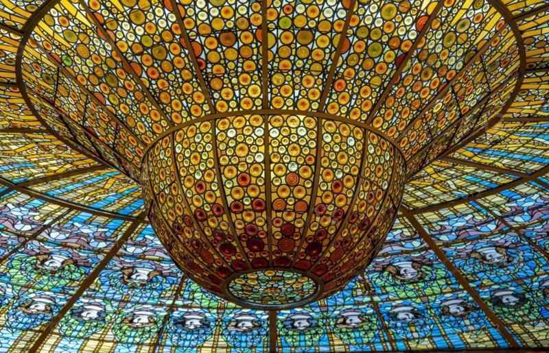 Artistic stained glass windows in the dome