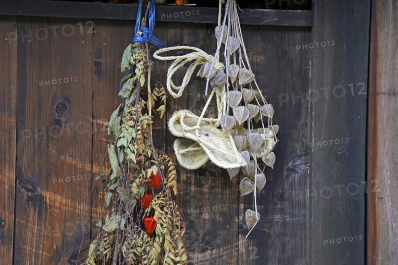 House front hanging straw sandals Waraji at Narai-juku traditional small town in Nagano Japan
