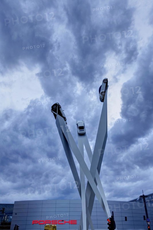 Porscheplatz with sculpture Inspiration 911 by artist Gerry Judah