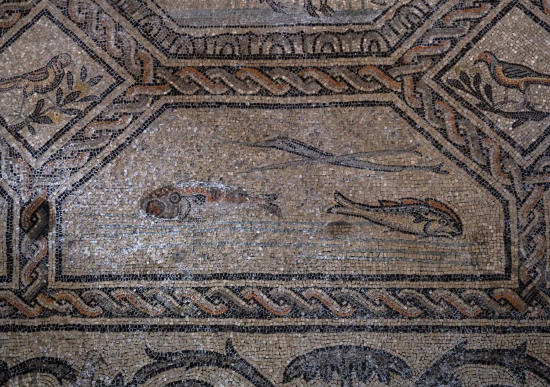 Early Christian floor mosaics with fish motifs from the 4th century in the Romanesque basilica at Aquileia