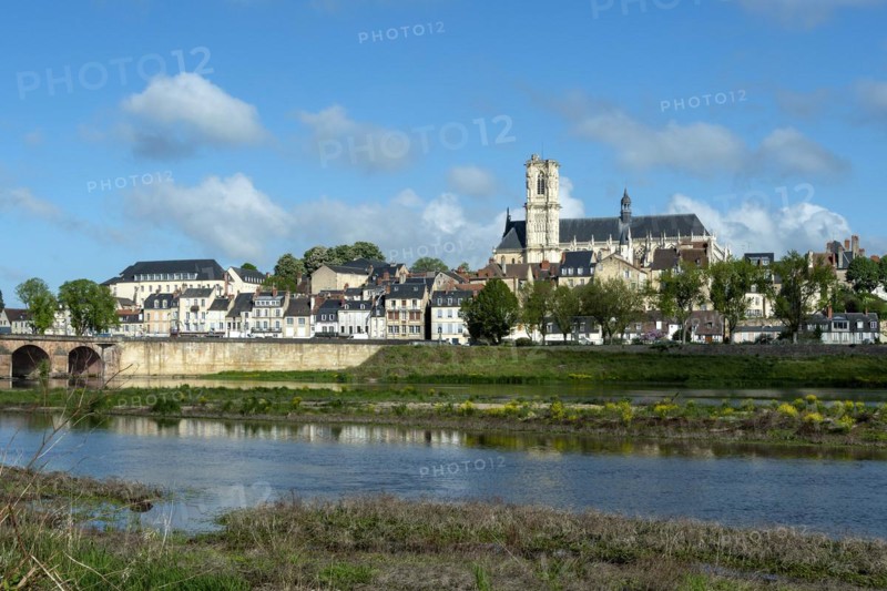 Nevers. The bridge of Loire. View on the city and cathedral Saint Saint-Cyr and Sainte-Julitte. Nievre department. Bourgogne Franche Comte. France