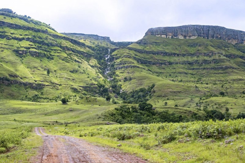 Waterfall in the Drakensberg Mountain Range in the countryside of the Injisuthi area in KwaZulu-Natal