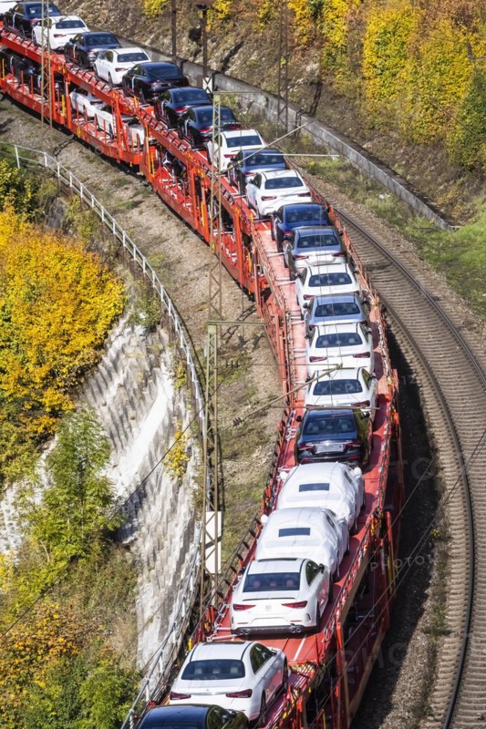 Goods train with new Mercedes cars on the Geislinger Steige
