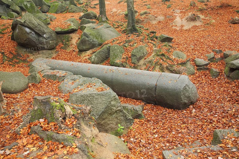 Roman giant column in the forest with rocks