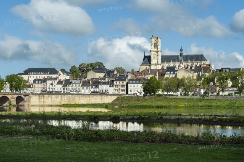 Nevers. The bridge of Loire. View on the city and cathedral Saint Saint-Cyr and Sainte-Julitte. Nievre department. Bourgogne Franche Comte. France
