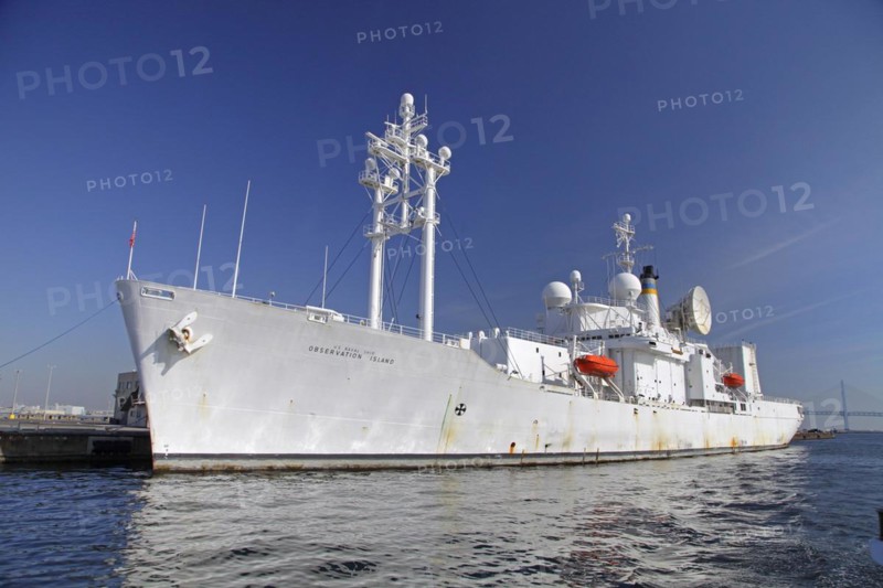 US Naval Missile Tracking Ship Observation Island at port of Yokohama Kanagawa Japan