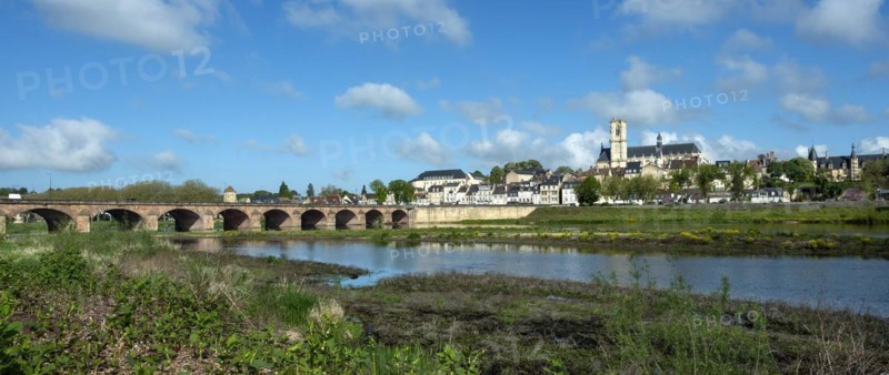 Nevers. The bridge of Loire. View on the city and cathedral Saint Saint-Cyr and Sainte-Julitte. Nievre department. Bourgogne Franche Comte. France