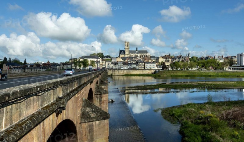Nevers. The bridge of Loire. View on the city and cathedral Saint Saint-Cyr and Sainte-Julitte. Nievre department. Bourgogne Franche Comte. France
