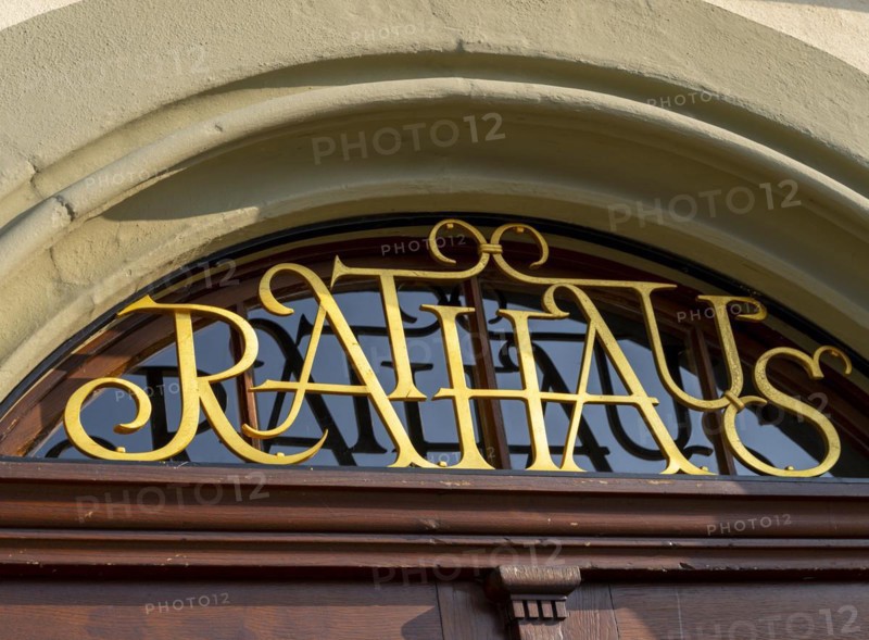 Town hall lettering above the door of the town hall of the municipality of Mittelzell next to the Minster of St. Maria and Markusl on the island of Reichenau in Lake Constance