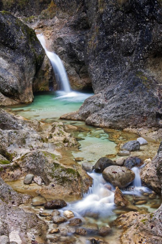 Waterfall in the river Almbach running through the Almbachklamm canyon in the Berchtesgaden Alps