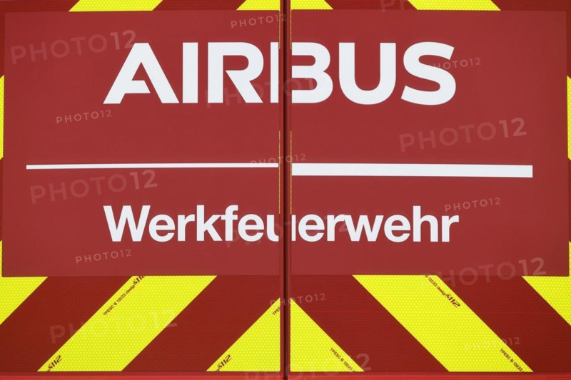 Airbus plant fire brigade lettering on the back of a fire engine at Hamburg Finkenwerder Airport