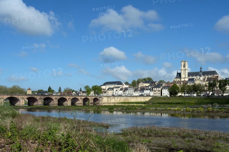 Nevers. The bridge of Loire. View on the city and cathedral Saint Saint-Cyr and Sainte-Julitte. Nievre department. Bourgogne Franche Comte. France