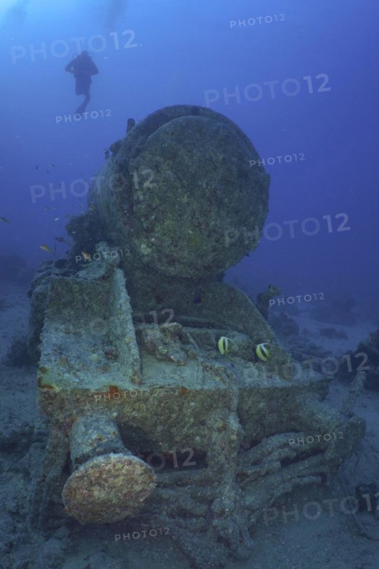 Remains of a World War II steam locomotive on the seabed