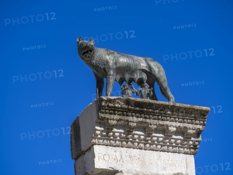 Roman column with bronze statue of the Capitoline she-wolf suckling Romulus and Remus