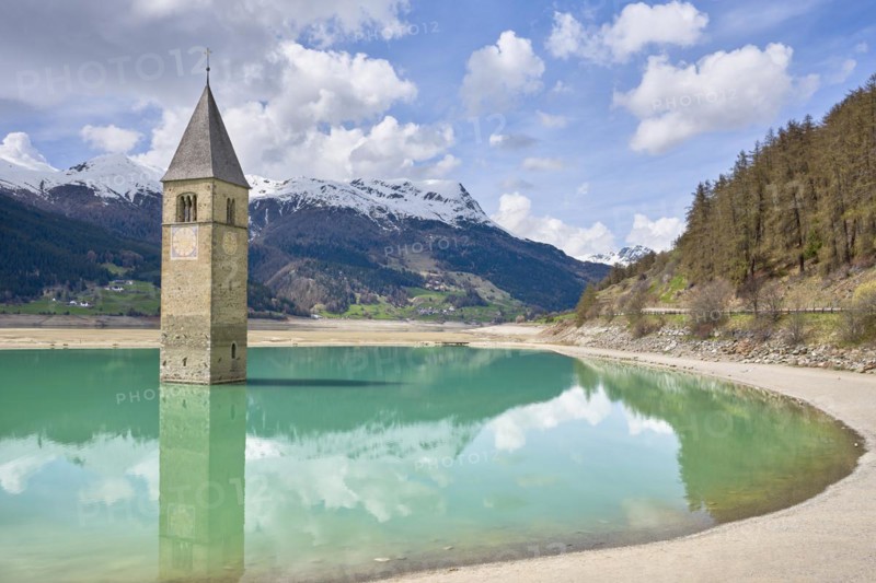Church tower in Lake Reschen with low water level