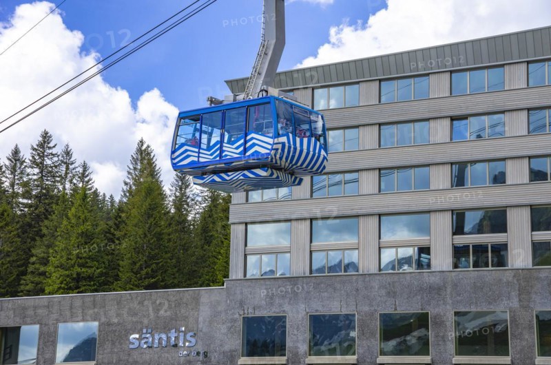 Gondola of the Schwaegalp-Saentis cable car against the backdrop of the valley station