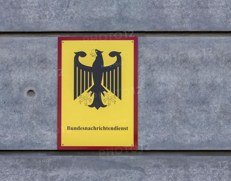 Sign with federal eagle on the building of the Federal Intelligence Service BND