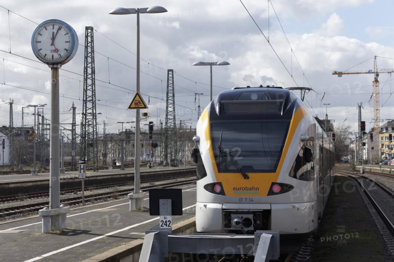 Eurobahn low-floor train stands at an empty platform