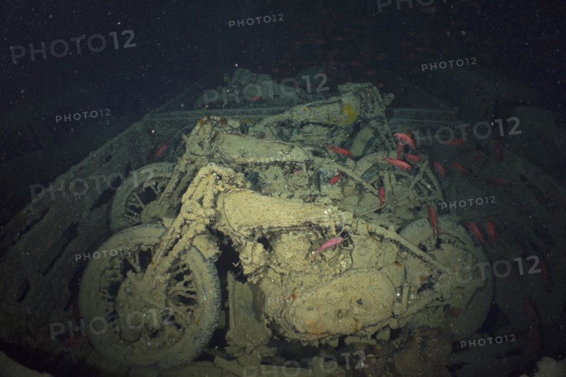3 Norton motorbikes from the Second World War in the hold of the Thistlegorm