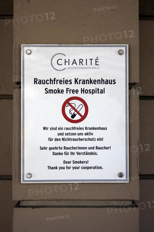 Smoke-free hospital sign on the wall of the Charite