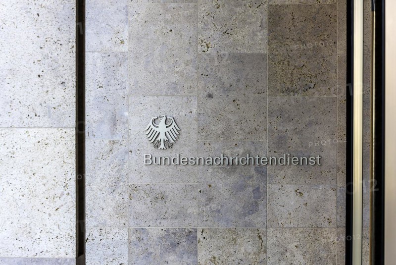 Lettering and federal eagle on the building of the Federal Intelligence Service BND