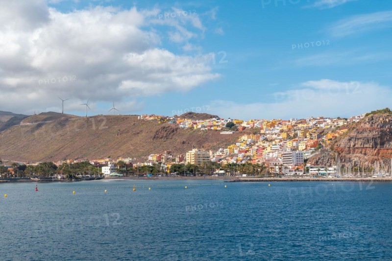 View of the city and the port of San Sebastian de la Gomera seen from the ferry heading to Tenerife. Canary Islands