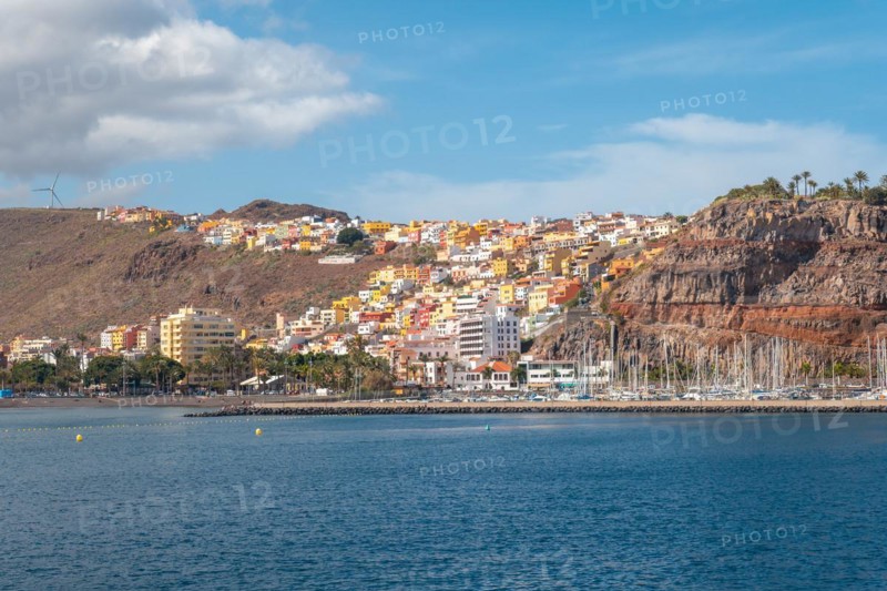 View of the city and the port of San Sebastian de la Gomera seen from the ferry heading to Tenerife. Canary Islands