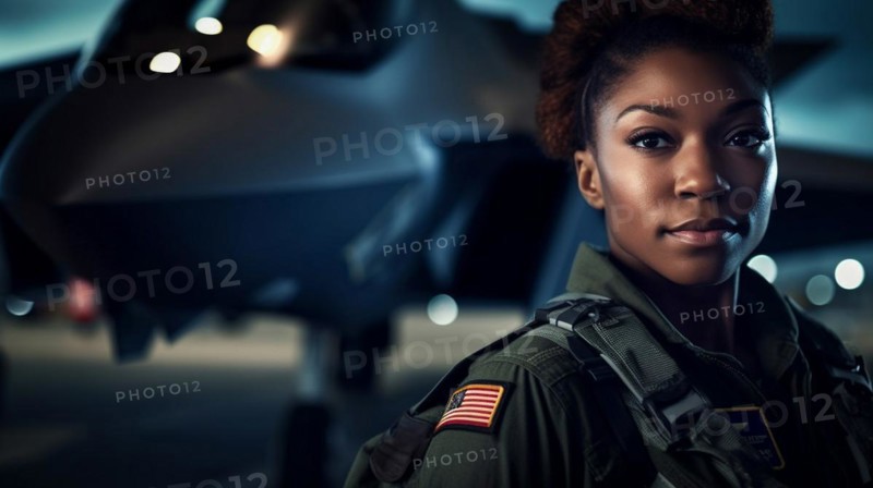Proud african american female air force fighter pilot standing in front of her F35