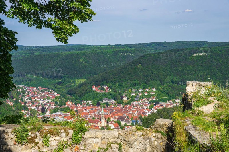 View from above over the small town of Bad Urach at the foot of the Swabian Alb