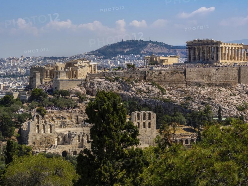 Panoramic view of Athens and Acropolis shot from Hill of Muses at clear summer day