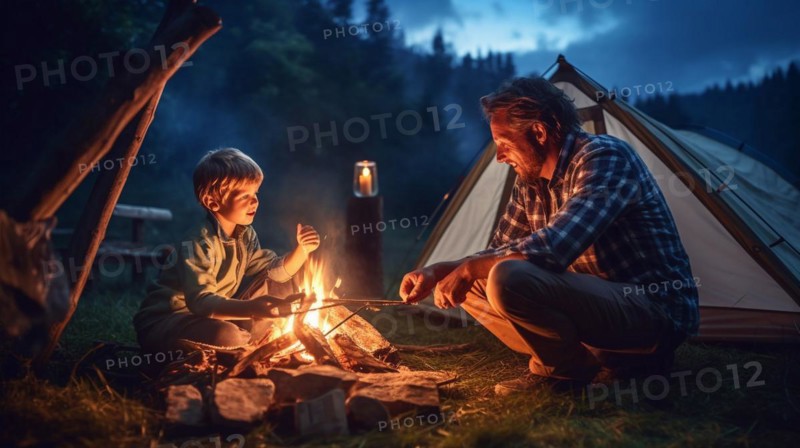 Father and son enjoying their campsite with their tent and campfire together