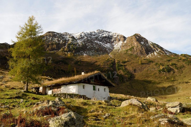 Traditional alpine hut with grass roof below the summit of Wildseeloder