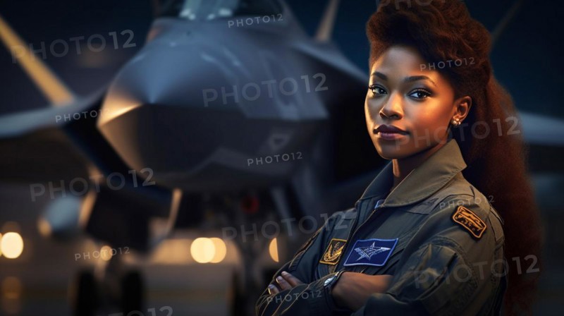 Proud african american female air force fighter pilot standing in front of her F35