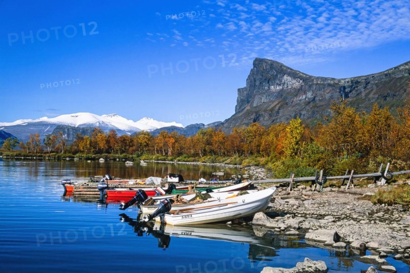 Boats at the beach at Lake Laitaure in Aktse at Sarek national park in Sweden