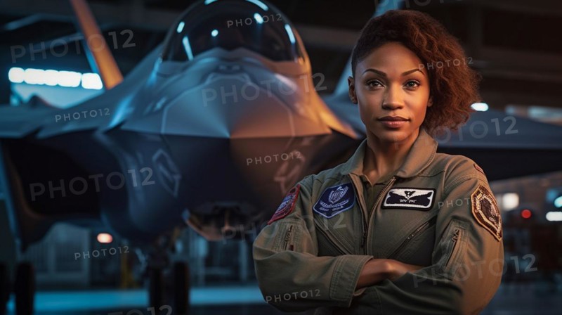 Proud african american female air force fighter pilot standing in front of her F35
