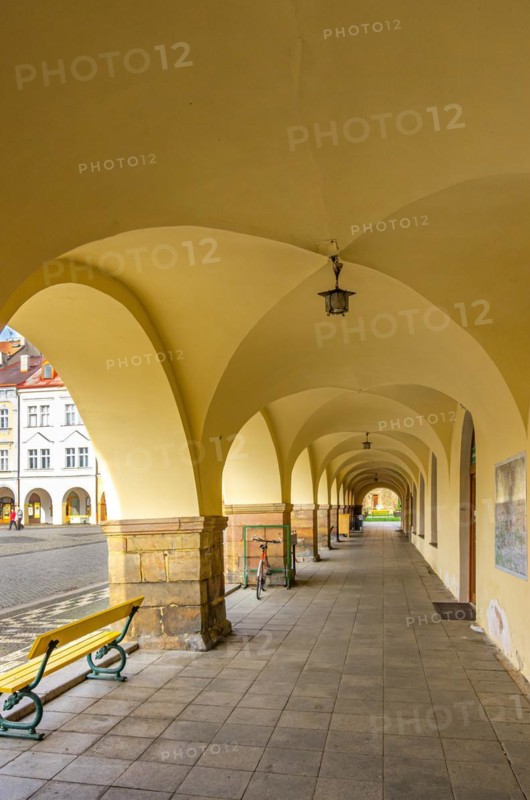 Arcades of historical architecture of town houses at Wallenstein Square