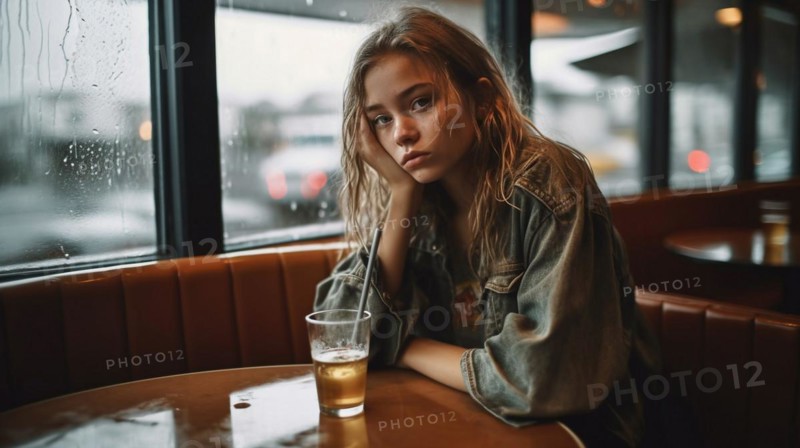 Young girl sits alone and afraid in a damp diner at night