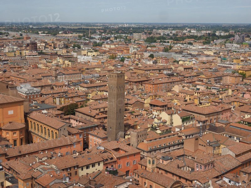 Aerial view of the Torre Prendiparte tower in the city of Bologna