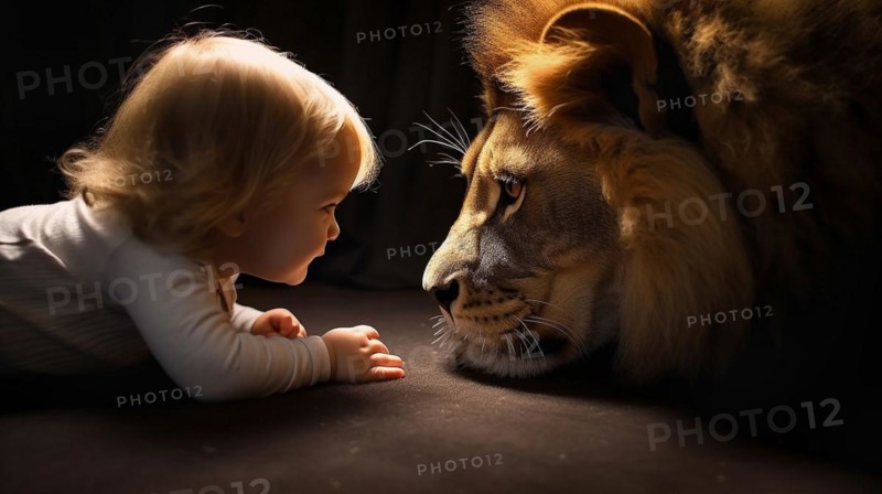 Profile of A fearless baby child reaching for the face of A very large lion sitting next to her