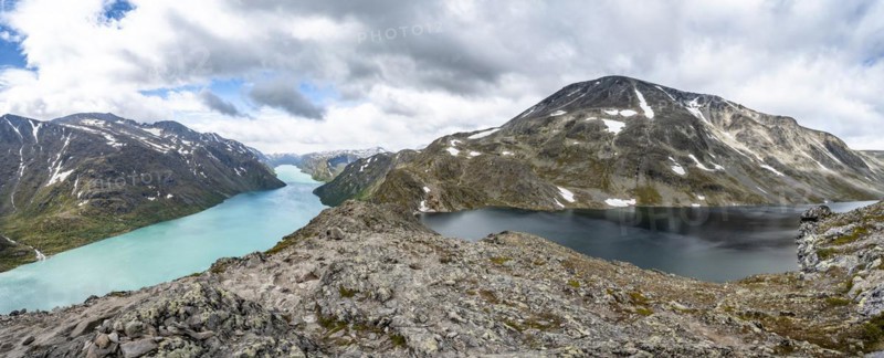 View of lake Gjende and lake Bessvatnet with mountains