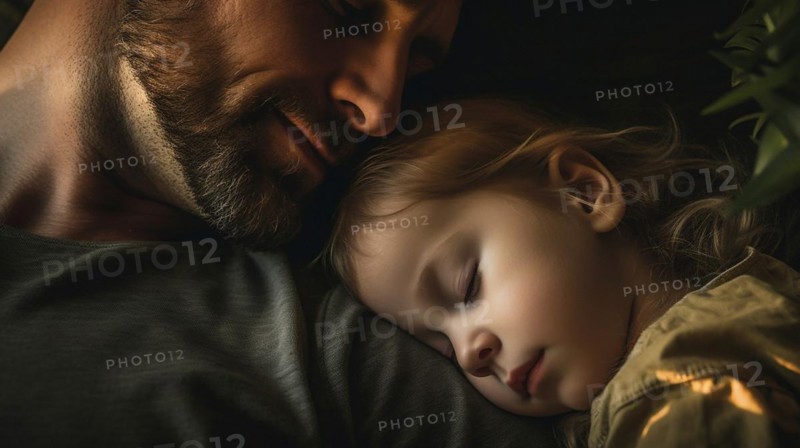 Peaceful child sleeps on his father's chest