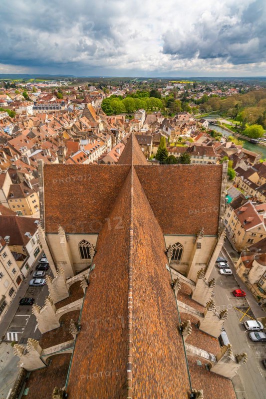 View from the tower of the Collegiate Church of Notre Dame of the houses and roofs in the historic centre
