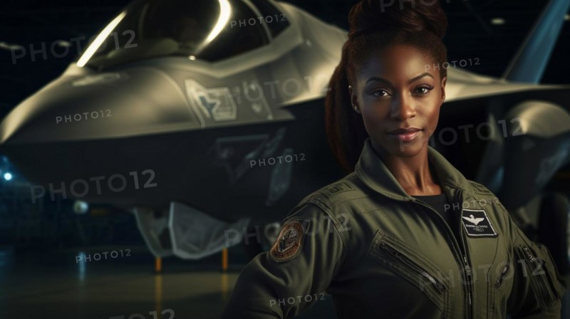 Proud african american female air force fighter pilot standing in front of her F35