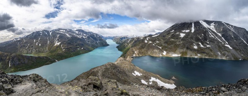 View of lake Gjende and lake Bessvatnet with mountains