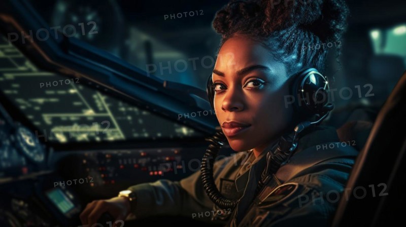 Proud african american female air force fighter pilot in the cockpit of her fighter jet