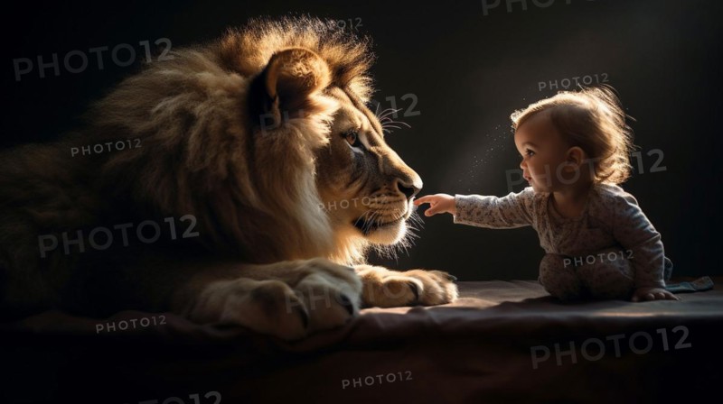 Profile of A fearless baby child reaching for the face of A very large lion sitting next to her