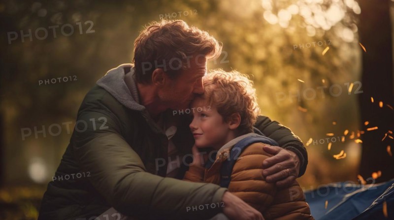 Touching moment of A father hugging his son at their campsite